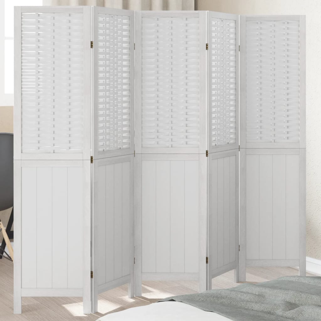Biombo Separador De 5 Paneles Madera Maciza Paulownia Blanco