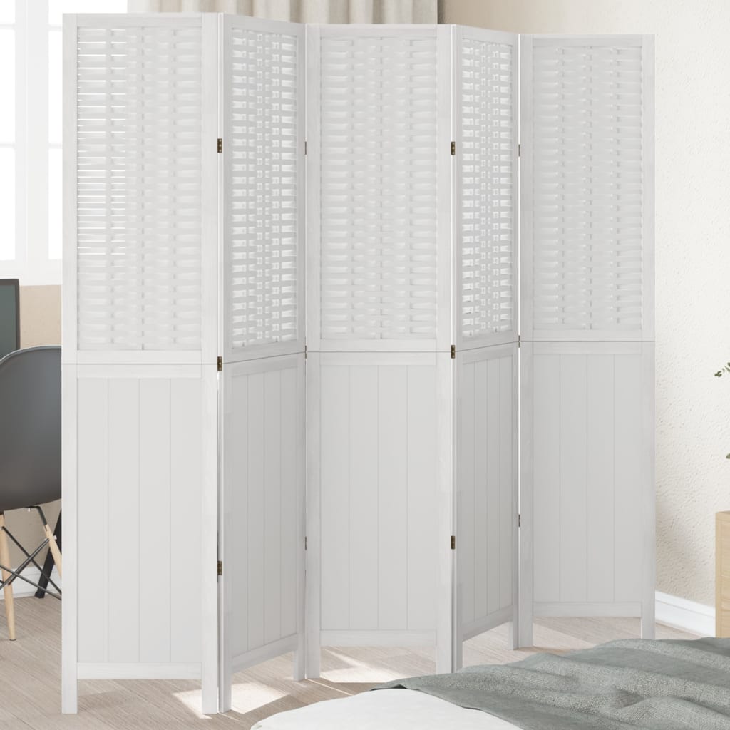 Biombo Separador De 5 Paneles Madera Maciza Paulownia Blanco