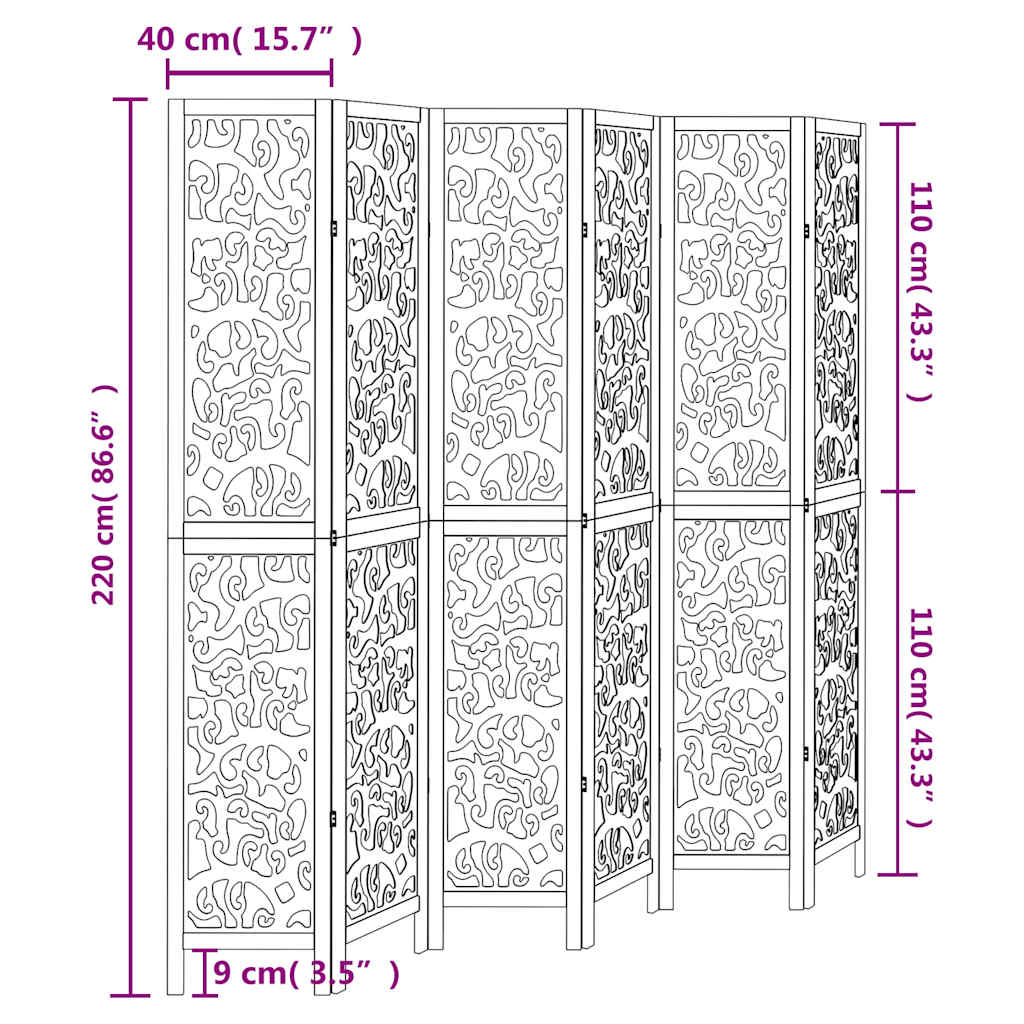 Biombo Separador De 6 Paneles Madera Maciza Paulownia Blanco