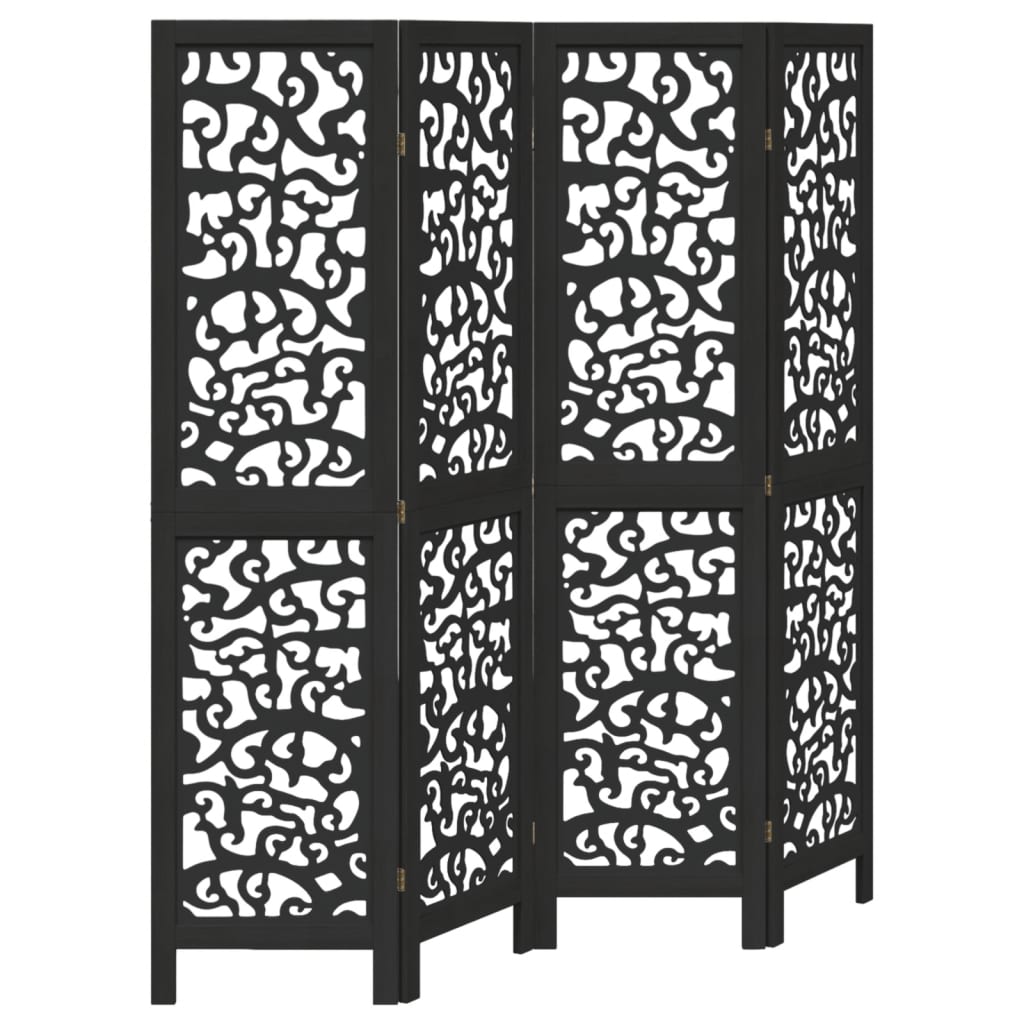 Biombo Separador De 4 Paneles Madera Maciza Paulownia Negro