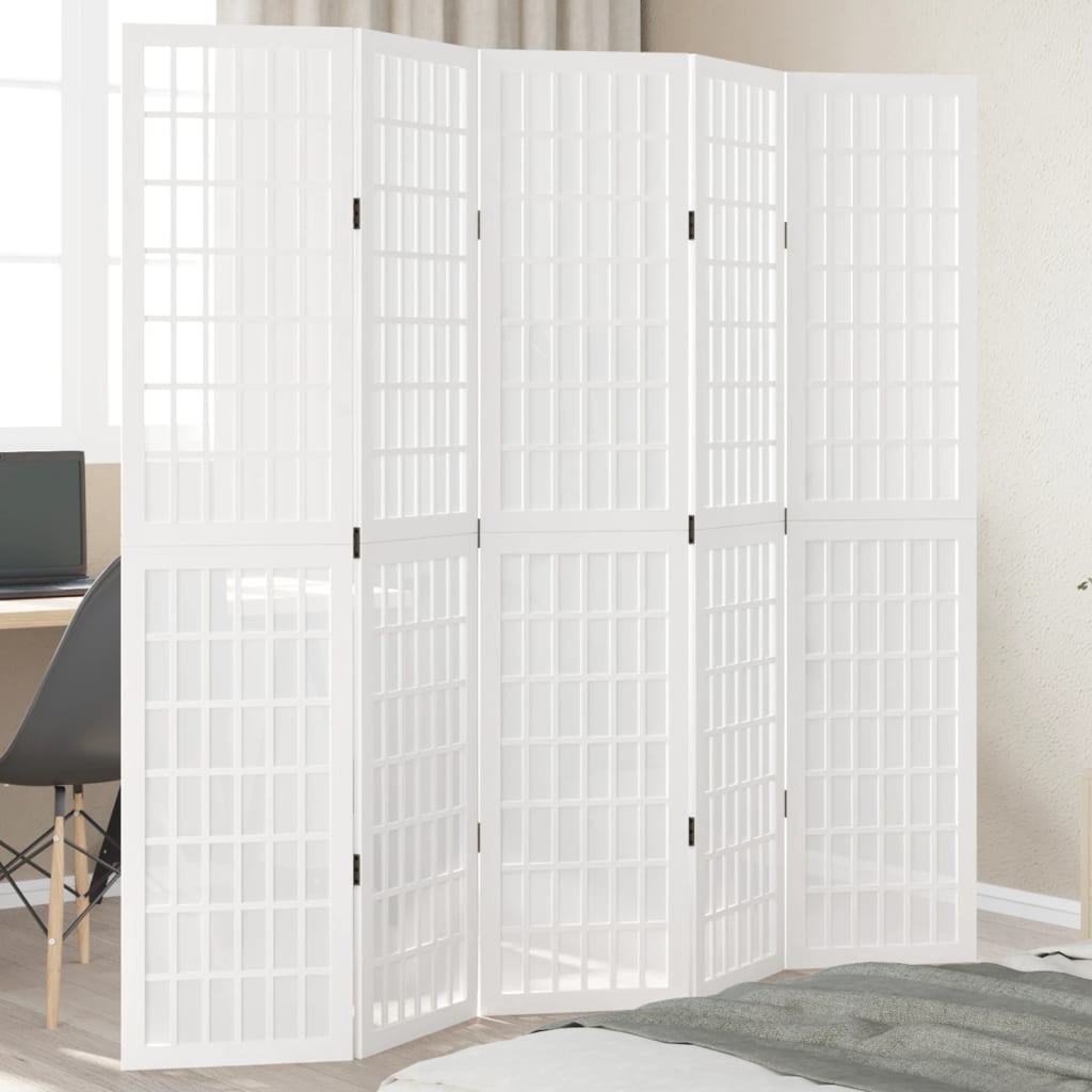 Biombo Separador De 5 Paneles Madera Maciza Paulownia Blanco