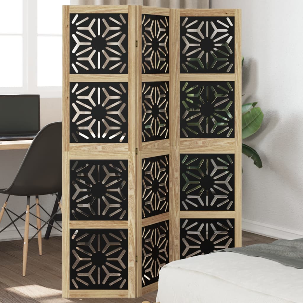 Biombo Separador 3 Paneles Madera Maciza Paulownia Marrón Negro