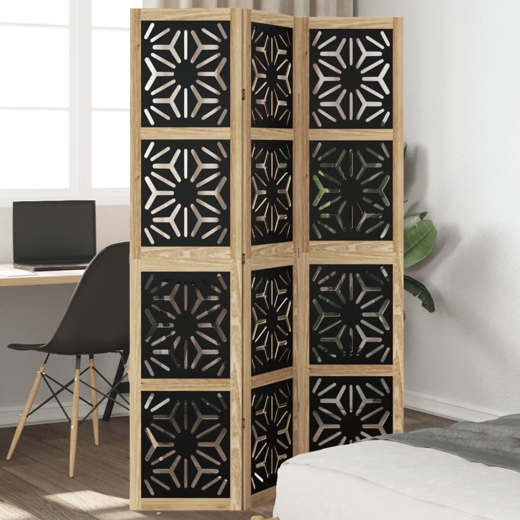 Biombo Separador 3 Paneles Madera Maciza Paulownia Marrón Negro