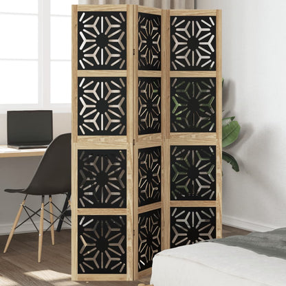 Biombo Separador 3 Paneles Madera Maciza Paulownia Marrón Negro