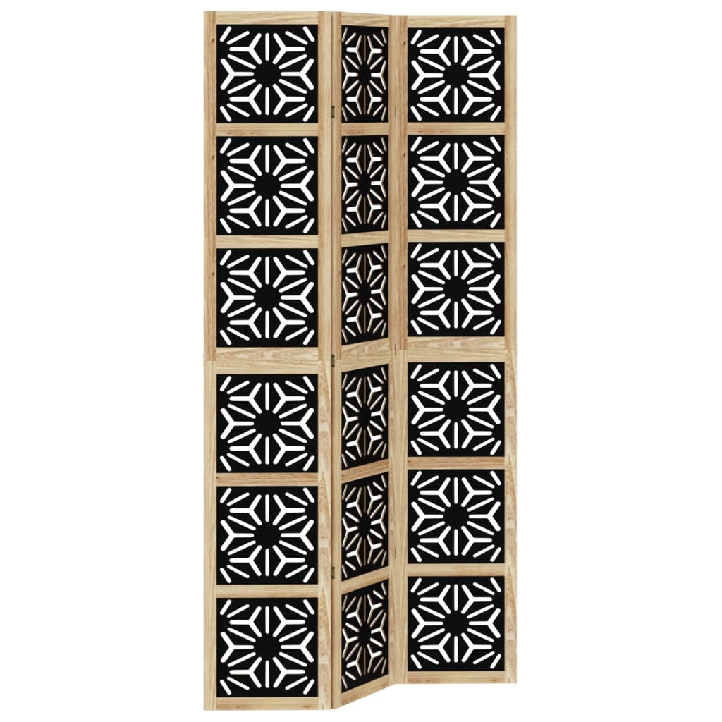 Biombo Separador 3 Paneles Madera Maciza Paulownia Marrón Negro