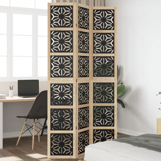 Biombo Separador 3 Paneles Madera Maciza Paulownia Marrón Negro