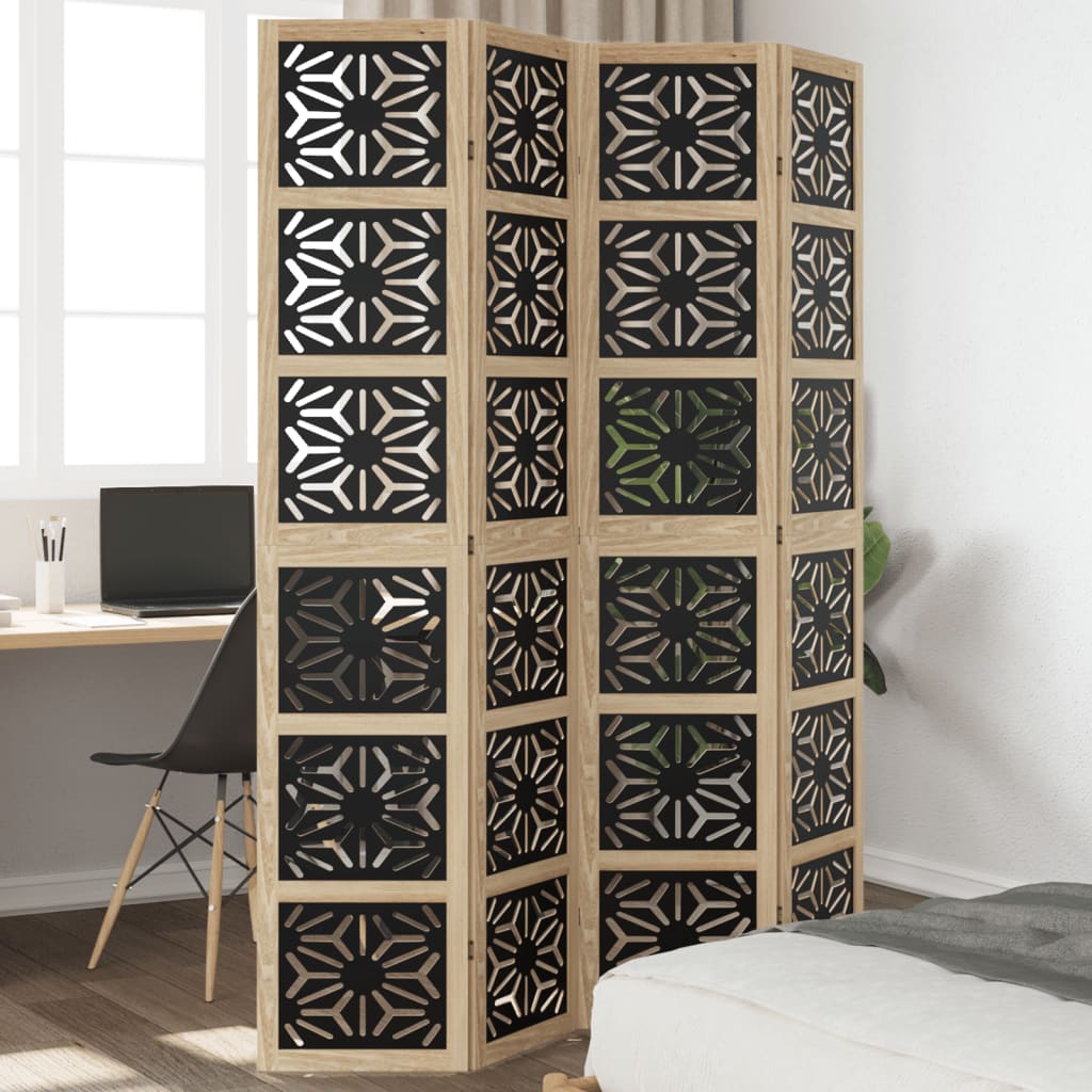 Biombo Separador 3 Paneles Madera Maciza Paulownia Marrón Negro