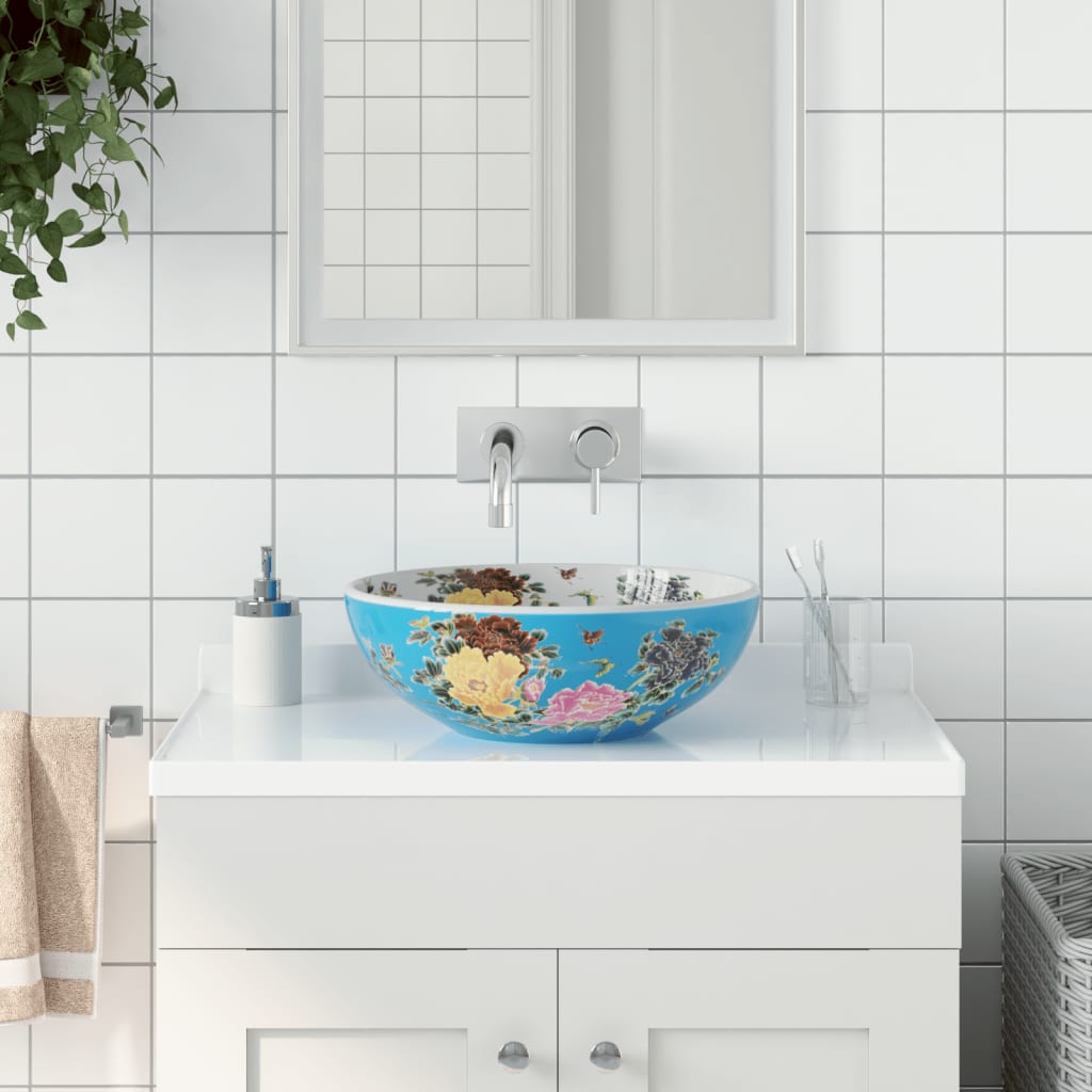Lavabo Sobre Encimera Redondo Cerámica Negro Y Azul Φ41X14 Cm