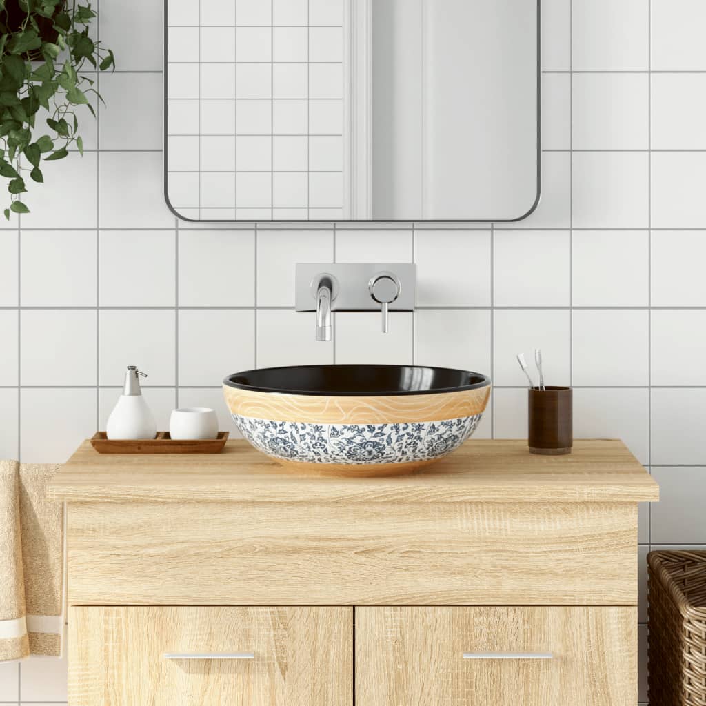Lavabo Sobre Encimera Redondo Cerámica Negro Y Azul Φ41X14 Cm