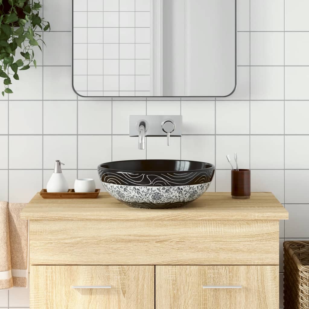 Lavabo Sobre Encimera Redondo Cerámica Negro Y Azul Φ41X14 Cm