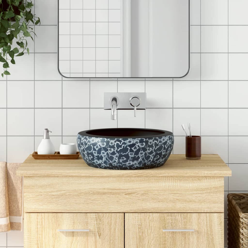 Lavabo Sobre Encimera Redondo Cerámica Negro Y Azul Φ41X14 Cm