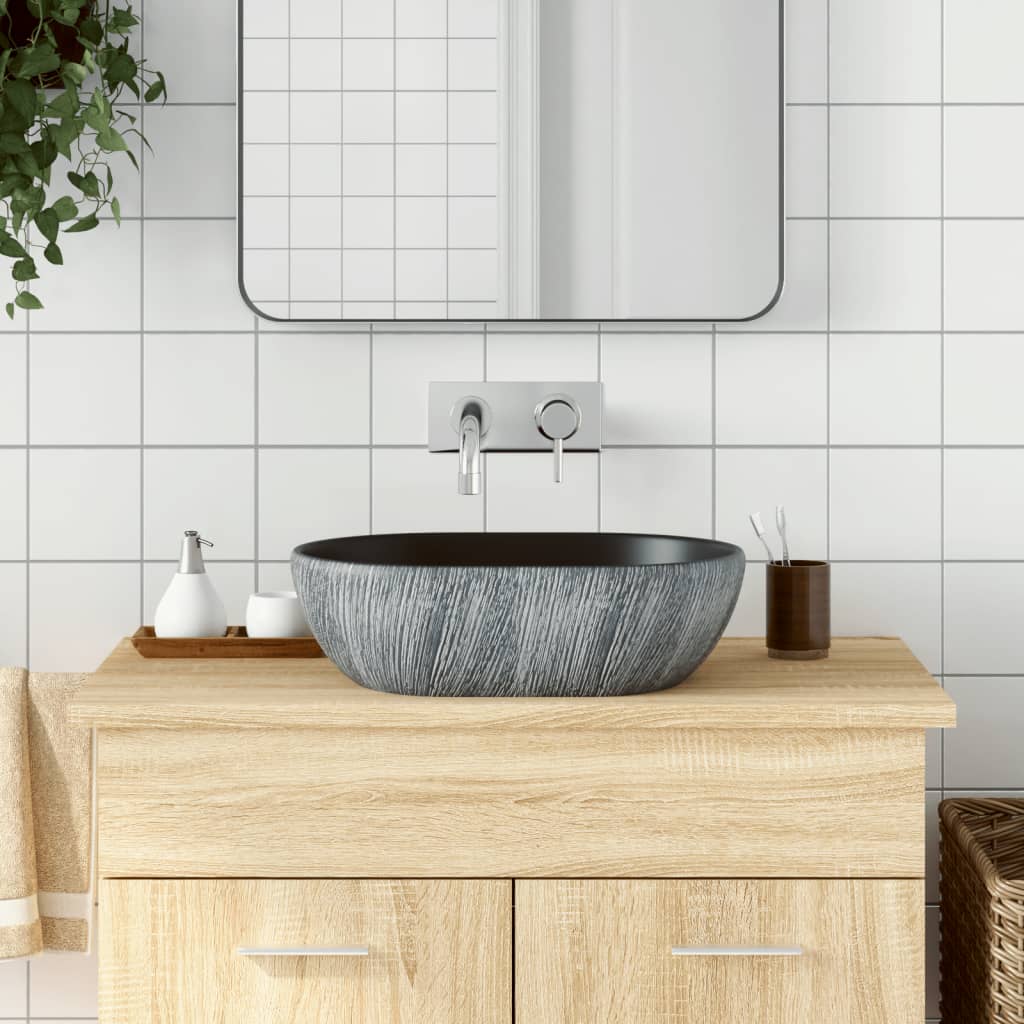 Lavabo Sobre Encimera Ovalado Cerámica Blanco Dorado 59X40X15Cm