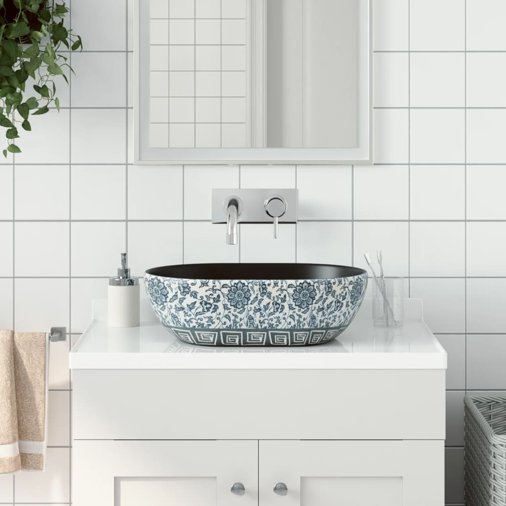 Lavabo Sobre Encimera Ovalado Cerámica Blanco Dorado 59X40X15Cm