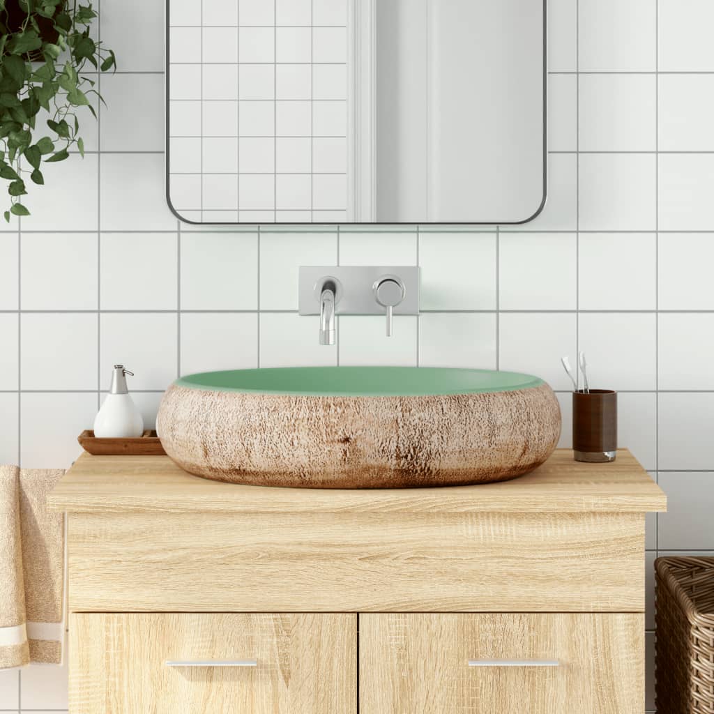 Lavabo Sobre Encimera Ovalado Cerámica Blanco Dorado 59X40X15Cm