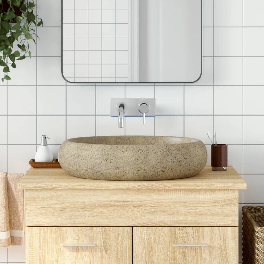 Lavabo Sobre Encimera Ovalado Cerámica Blanco Dorado 59X40X15Cm