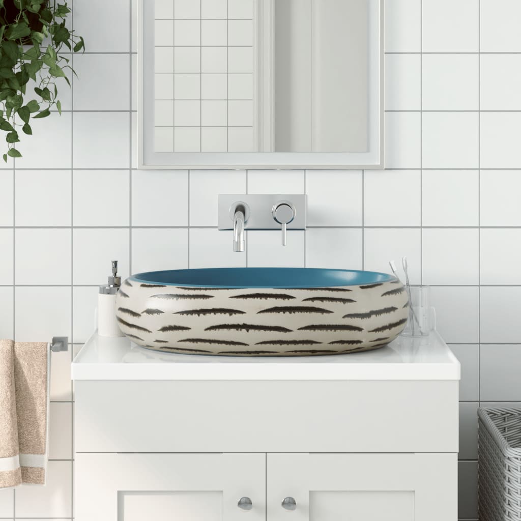 Lavabo Sobre Encimera Ovalado Cerámica Blanco Dorado 59X40X15Cm