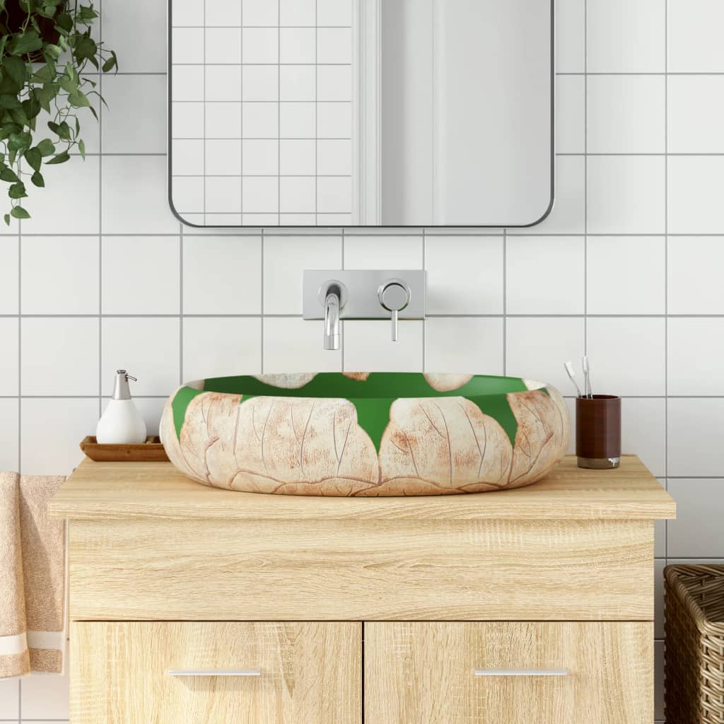Lavabo Sobre Encimera Ovalado Cerámica Blanco Dorado 59X40X15Cm