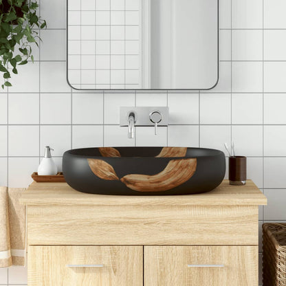 Lavabo Sobre Encimera Ovalado Cerámica Blanco Dorado 59X40X15Cm