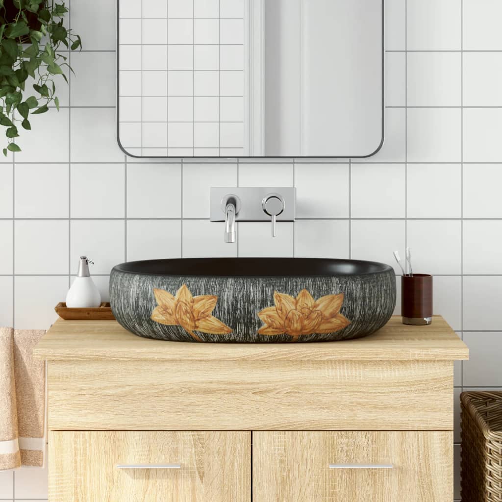 Lavabo Sobre Encimera Ovalado Cerámica Blanco Dorado 59X40X15Cm