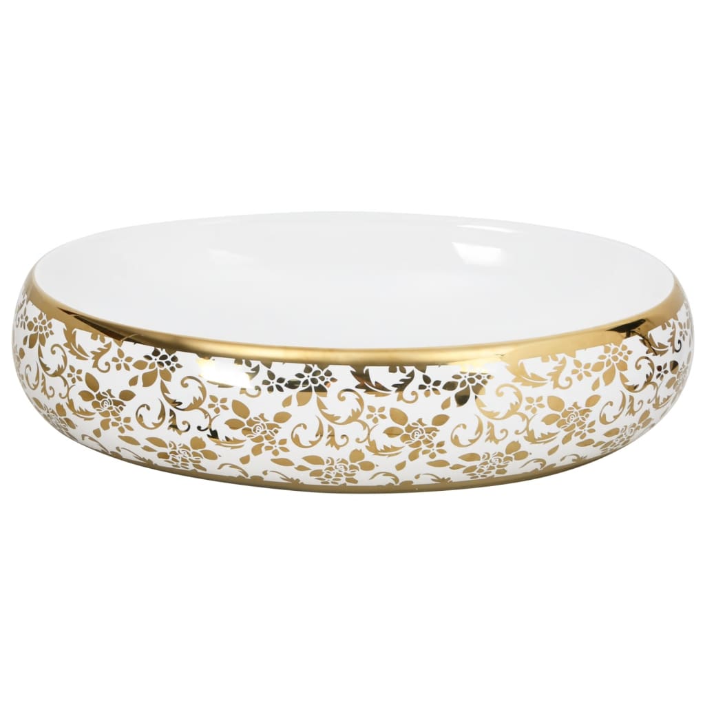 Lavabo Sobre Encimera Ovalado Cerámica Blanco Dorado 59X40X15Cm