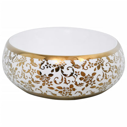 Lavabo Sobre Encimera Ovalado Cerámica Blanco Dorado 59X40X15Cm