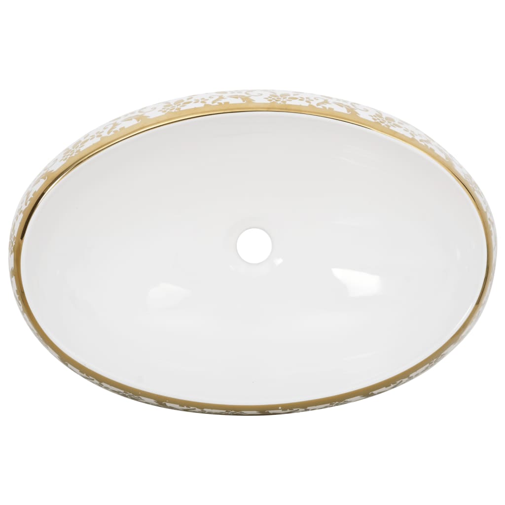 Lavabo Sobre Encimera Ovalado Cerámica Blanco Dorado 59X40X15Cm