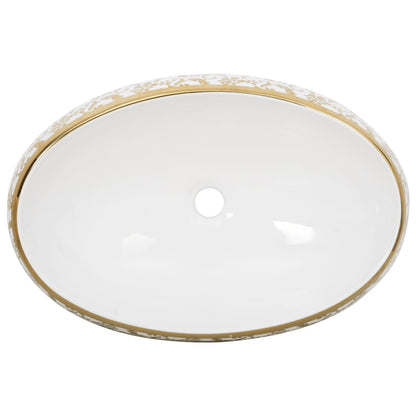 Lavabo Sobre Encimera Ovalado Cerámica Blanco Dorado 59X40X15Cm