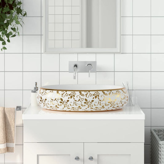 Lavabo Sobre Encimera Ovalado Cerámica Blanco Dorado 59X40X15Cm