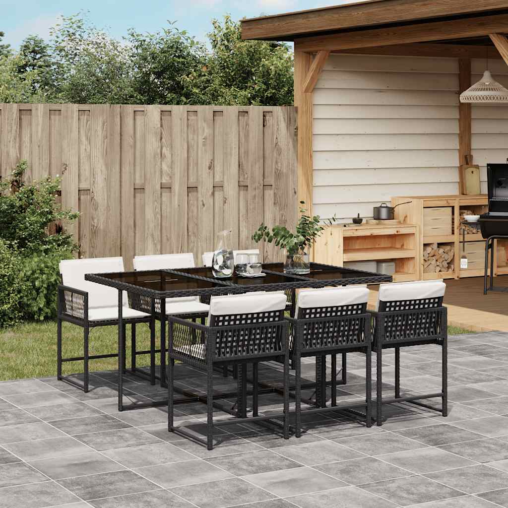 Set De Comedor De Jardín 9 Pzas Y Cojines Ratán Sintético Negro