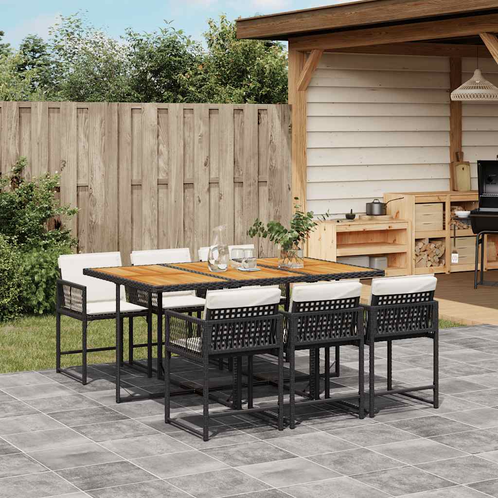 Set De Comedor De Jardín 9 Pzas Y Cojines Ratán Sintético Negro