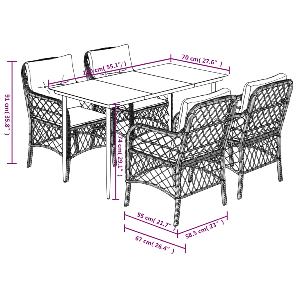 Set Comedor De Jardín 5 Piezas Con Cojines Ratán Sintético Gris