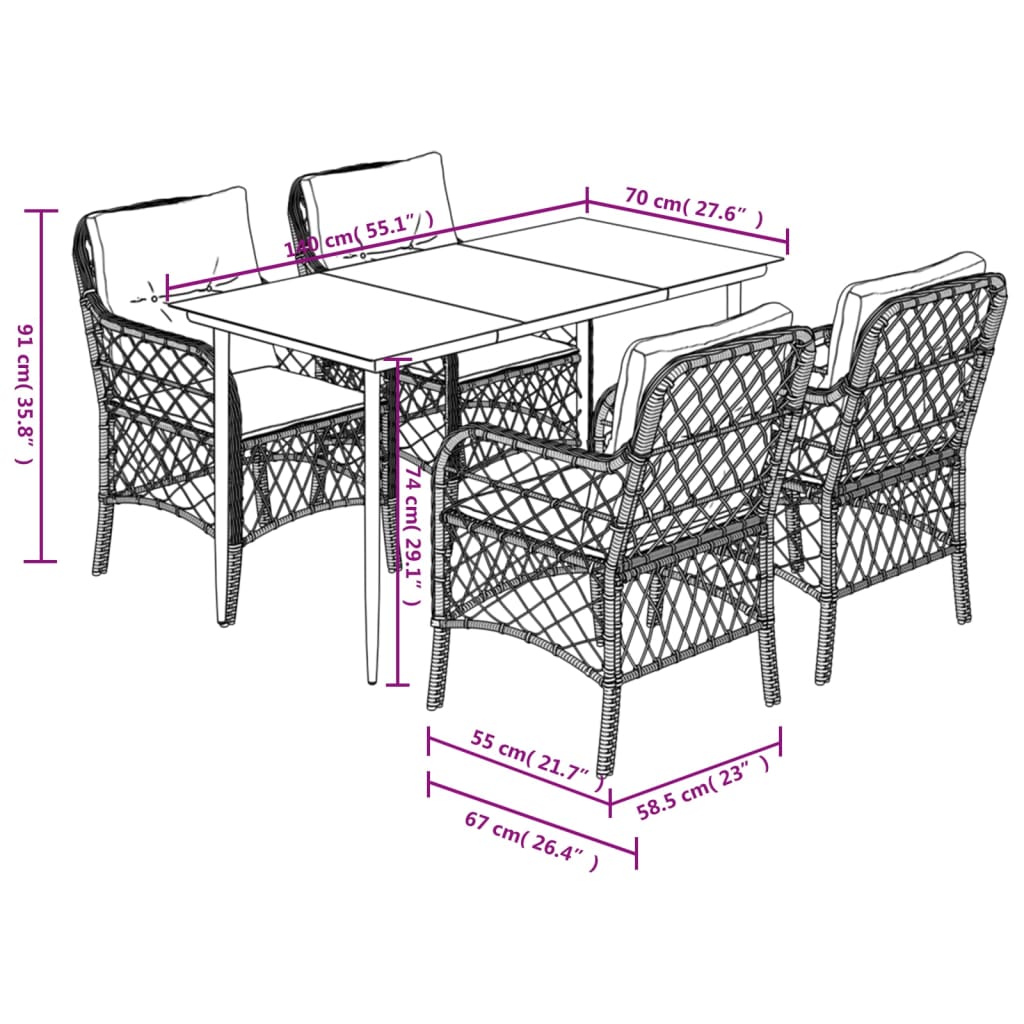 Set Comedor De Jardín 5 Pzas Con Cojines Ratán Sintético Beige