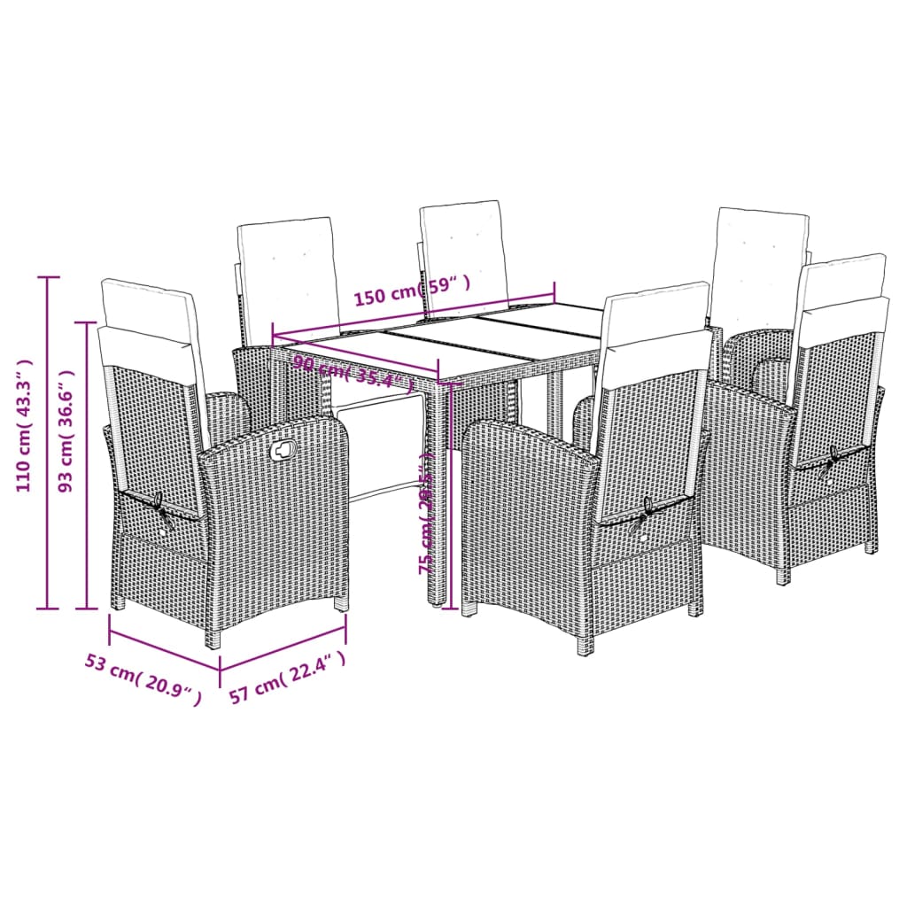 Set De Comedor De Jardín 7 Pzas Y Cojines Ratán Sintético Negro