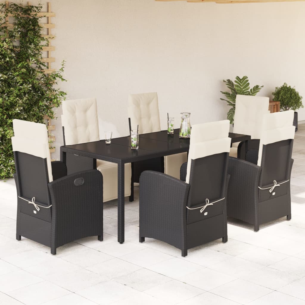 Set De Comedor De Jardín 7 Pzas Y Cojines Ratán Sintético Negro