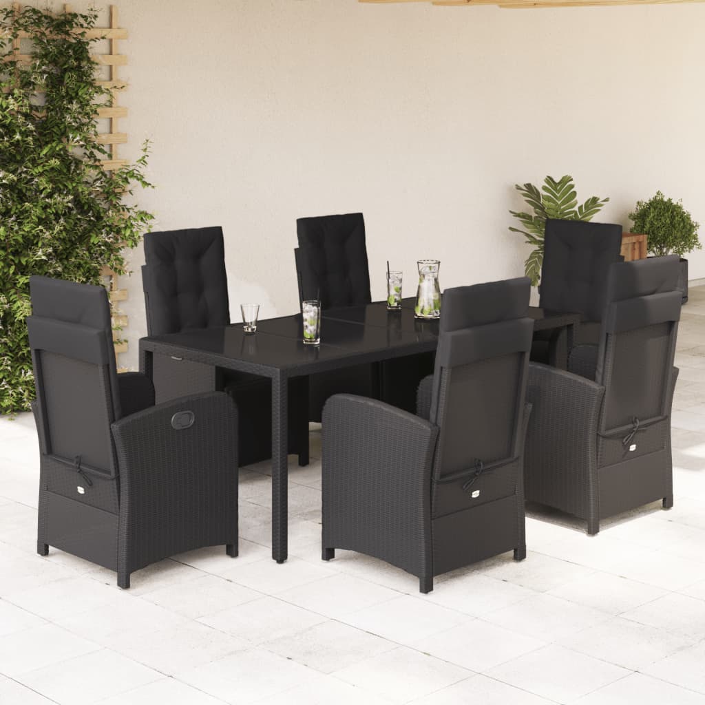 Set De Comedor De Jardín 7 Pzas Y Cojines Ratán Sintético Negro