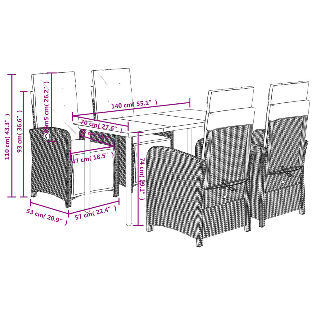Set Comedor De Jardín 5 Piezas Con Cojines Ratán Sintético Gris