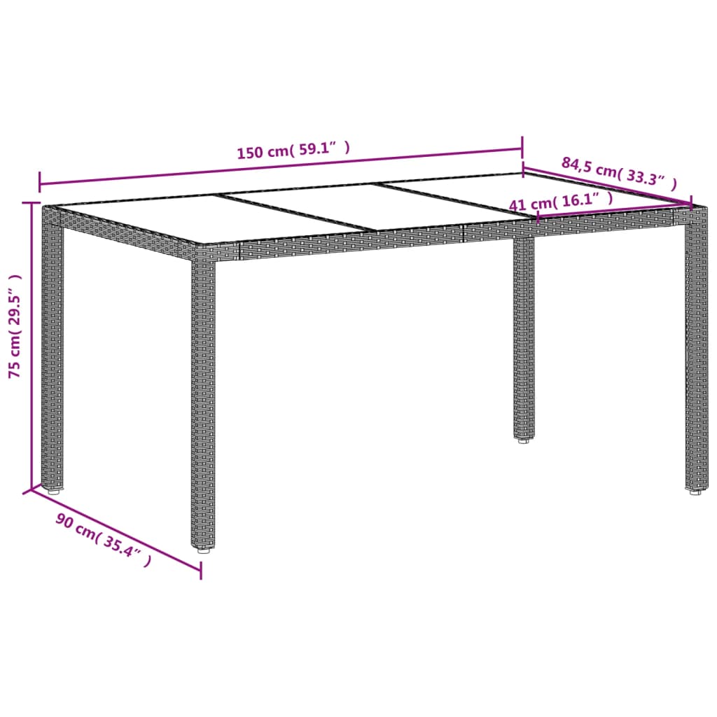 Mesa De Jardín Superficie De Vidrio Ratán Pe Gris 150X90X75 Cm