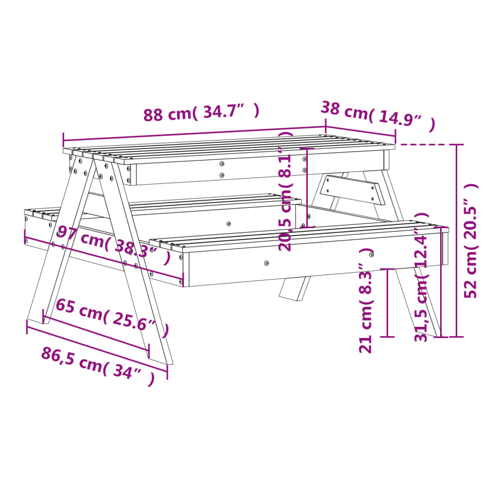 Mesa De Picnic Para Niños Madera Maciza De Pino 88X97X52 Cm