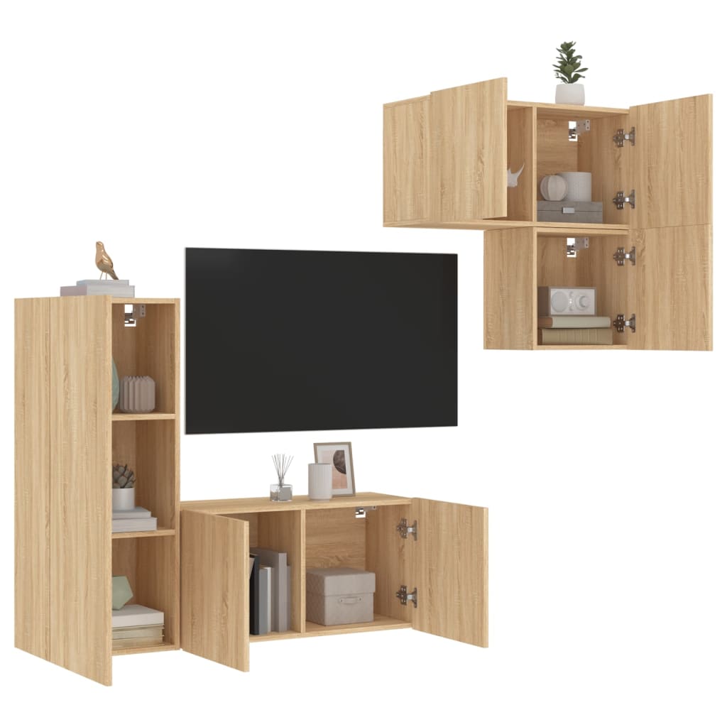 Mueble De Tv 4 Pcs Roble Artesanal Madera De Ingeniería