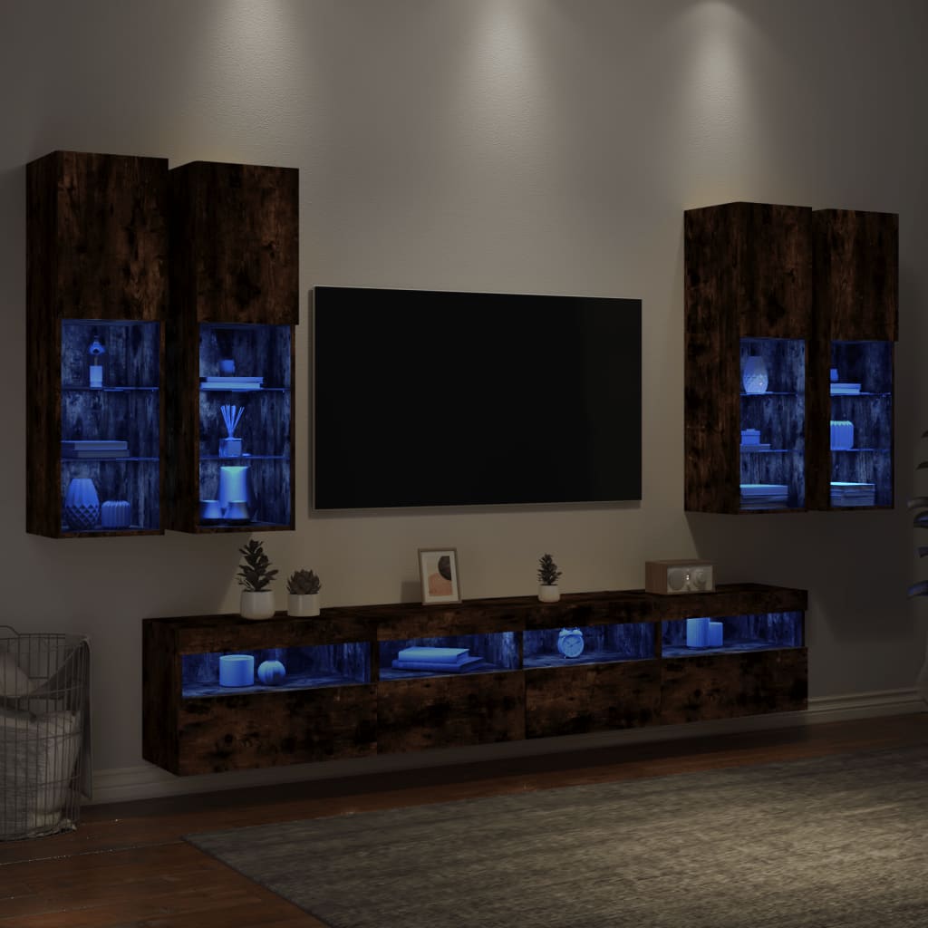 Conjunto De Mueble De Tv En La Pared Con Luces Led 7 Pcs