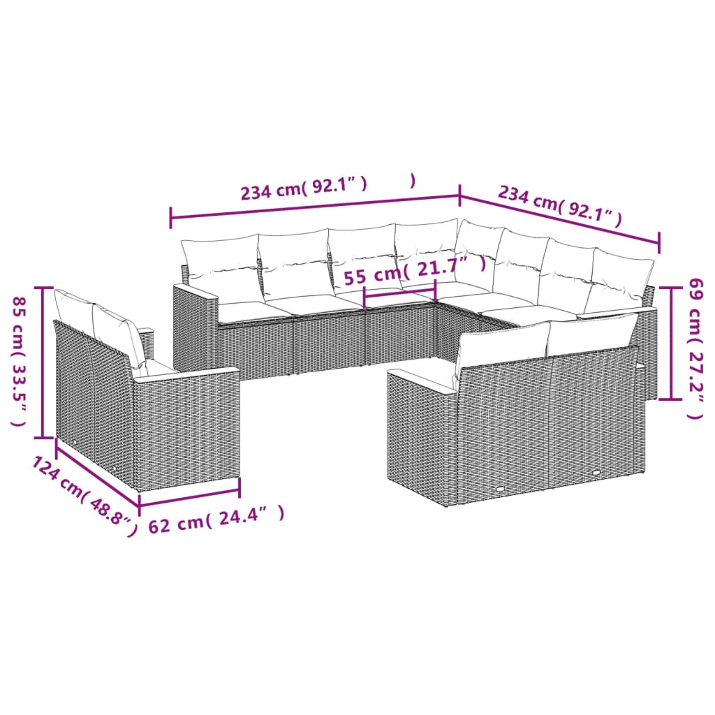 Set De Sofás De Jardín 11Pzas Con Cojines Ratán Sintético