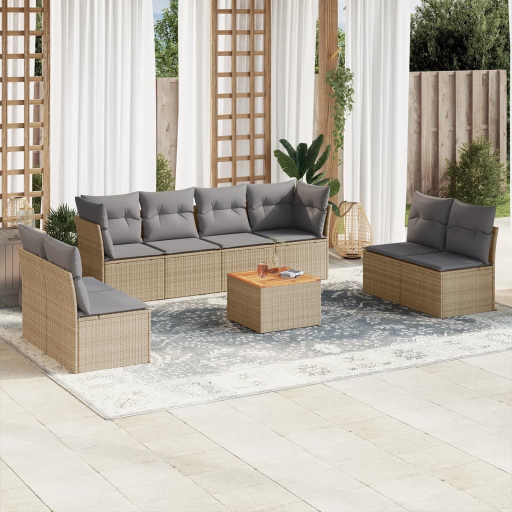 Set De Sofás De Jardín 9 Pzas Con Cojines Ratán Sintético Beige