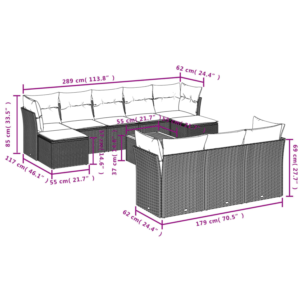 Set De Sofás De Jardín 11Pzas Con Cojines Ratán Sintético Beige