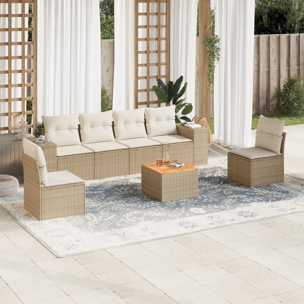 Set Sofás De Jardín 7 Piezas Y Cojines Ratán Sintético Beige