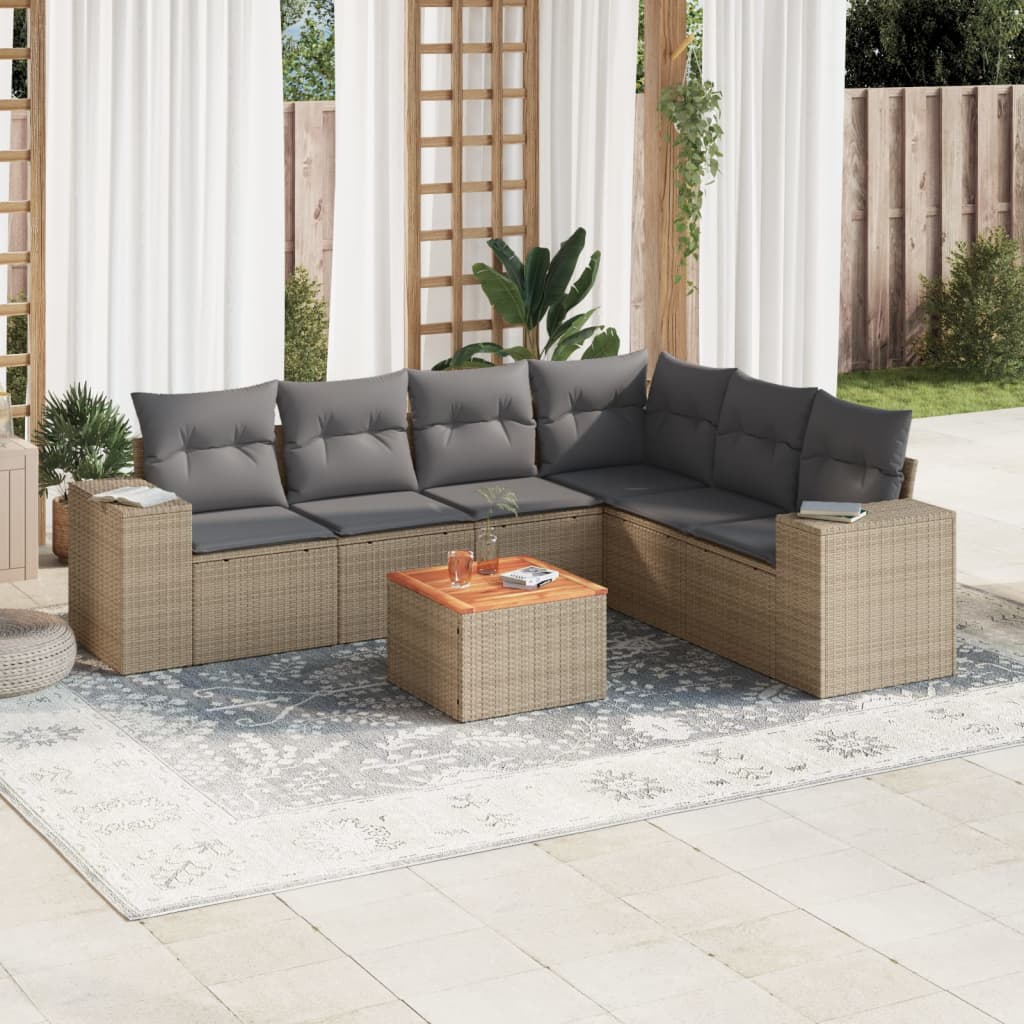 Set Sofás De Jardín 7 Piezas Y Cojines Ratán Sintético Beige