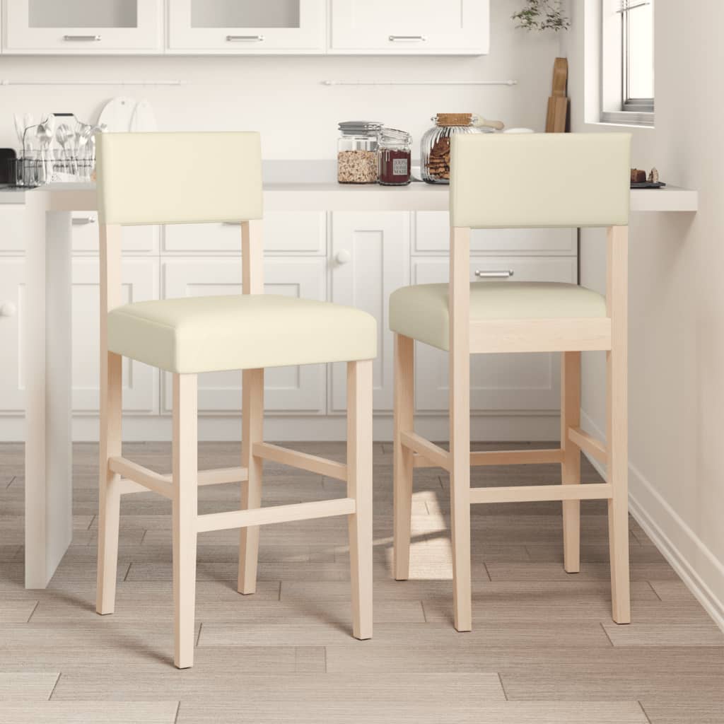 Taburetes Altos 2 Uds Madera Maciza De Caucho Y Cuero Sintético