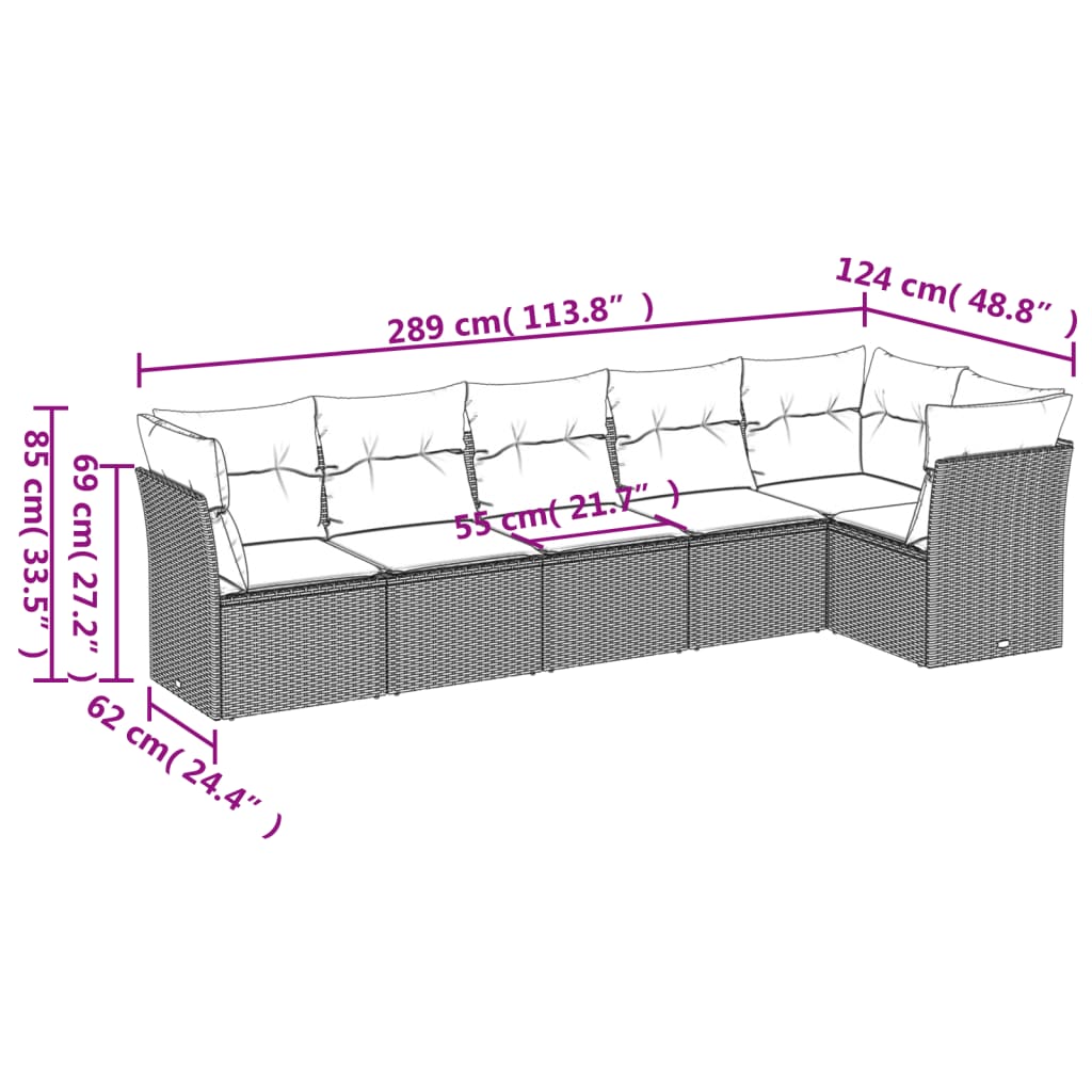 Set De Sofás De Jardín 6 Pzas Y Cojines Ratán Sintético Gris