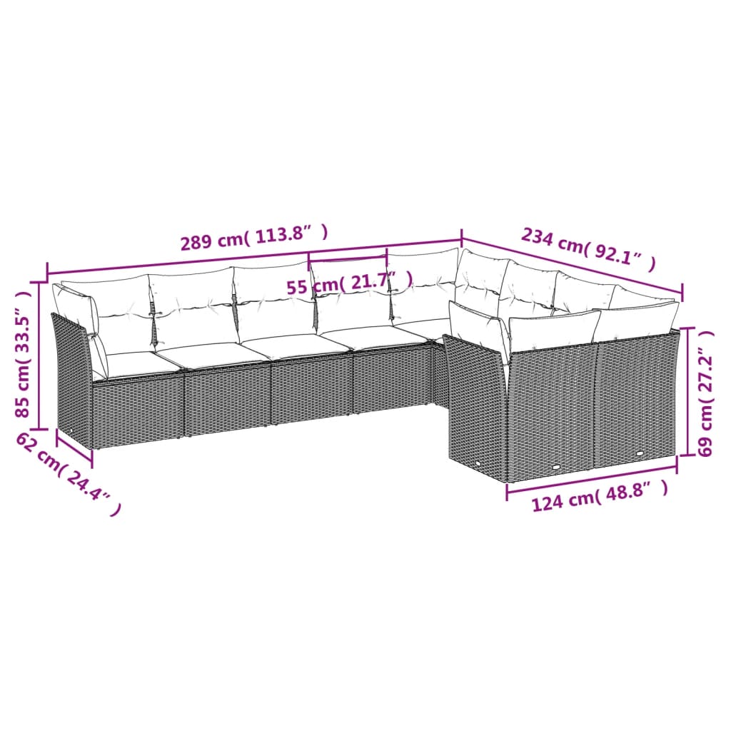 Set Muebles Jardín 9 Pzas Y Cojines Ratán Sintético