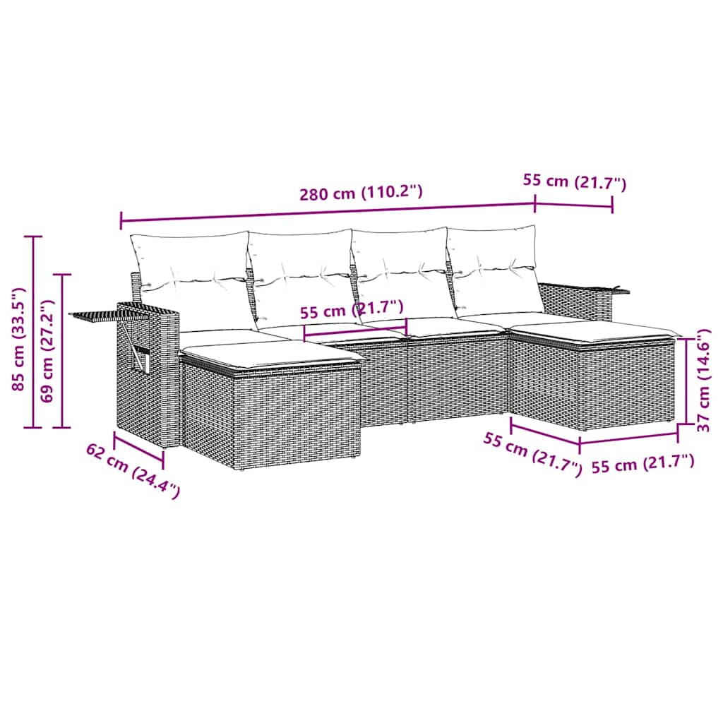 Set De Sofás De Jardín 6 Pzas Y Cojines Ratán Sintético Gris