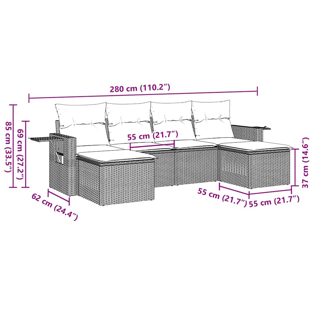 Set Sofás De Jardín 6 Piezas Y Cojines Ratán Sintético Marrón